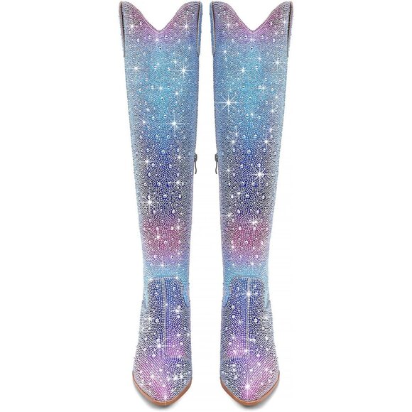 Women Blue&pink Faux Leather Sparkly Bling Rhinestone Over the Knee Cowboy Boots - Picture 2 of 10
